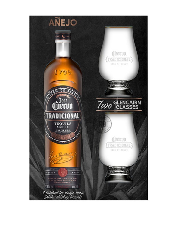 Jose Cuervo Tradicional Tequila Anejo Gift Set With Two Glencairn Glasses